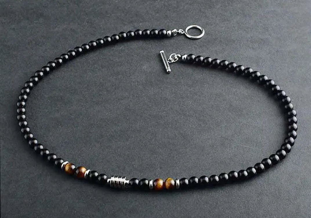 Black agate Tigers eye men's Necklace.