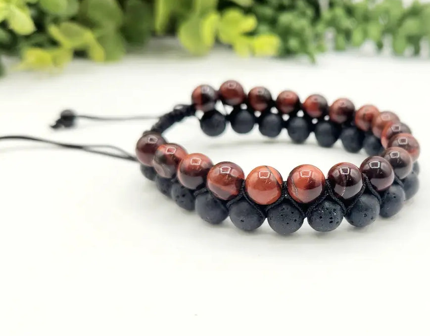 Mens Red Tiger eye and Lava bead Adjustable Bracelet.