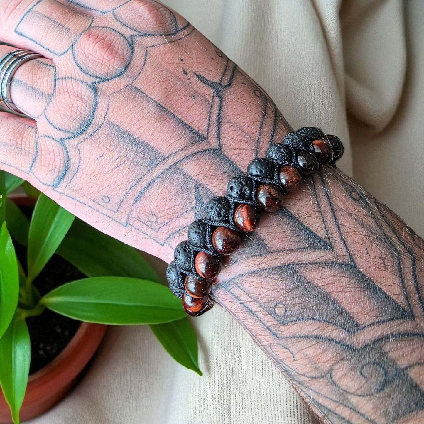 Mens Red Tiger eye and Lava bead Adjustable Bracelet.
