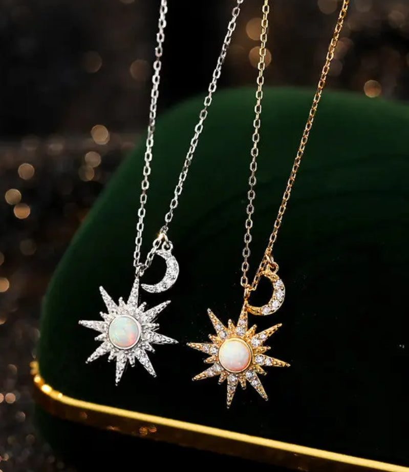Opal Sun and moon 925 sterling silver necklace.
