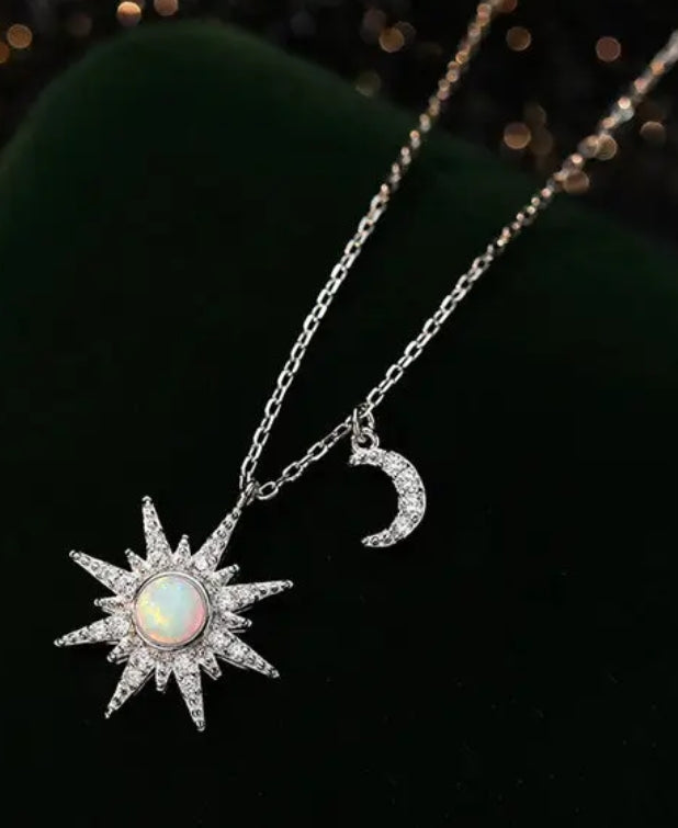 Opal Sun and moon 925 sterling silver necklace.