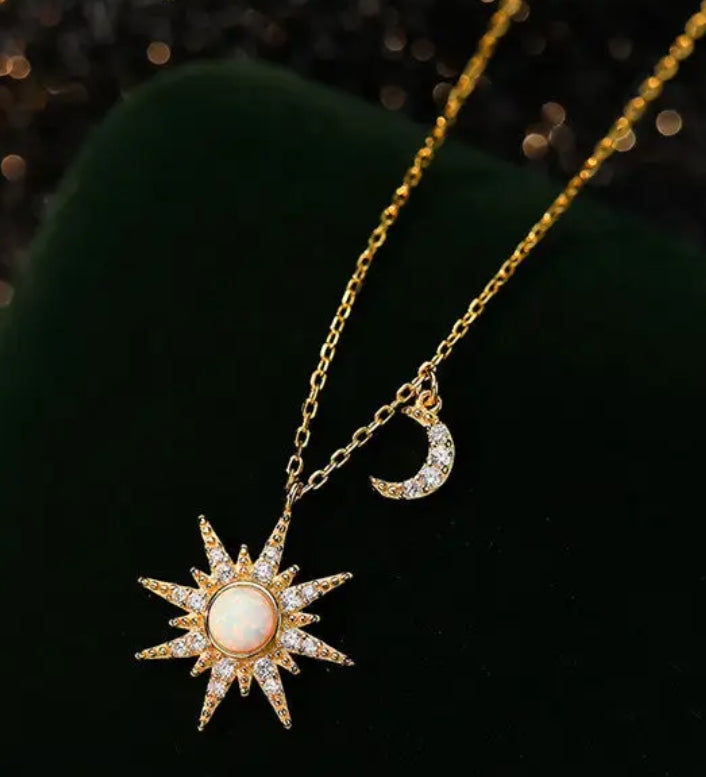 Opal Sun and moon 925 sterling silver necklace.