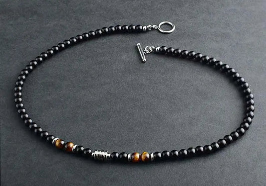 Black agate Tigers eye men's Necklace.