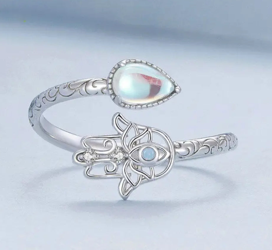 Opal Hamsa Hand Sterling silver ring.